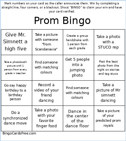 Prom Bingo Card