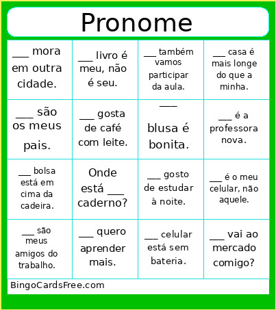 Pronome Bingo Card