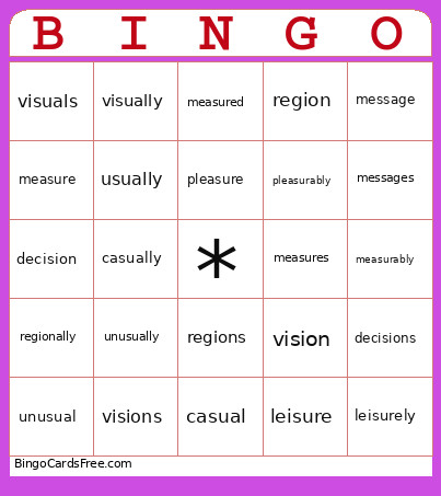 Pronunciation Usually (j Sound) Bingo Card