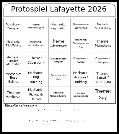 Protospiel Lafayette 2026 Bingo Card