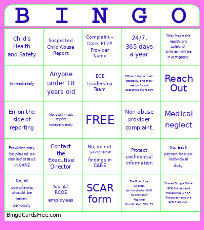 Provider Complaint Process Bingo Card
