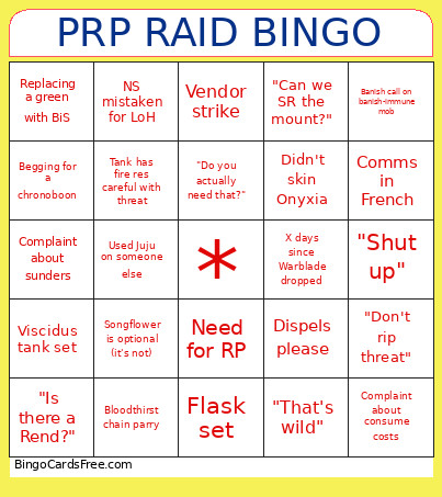 PRP RAID Bingo Card