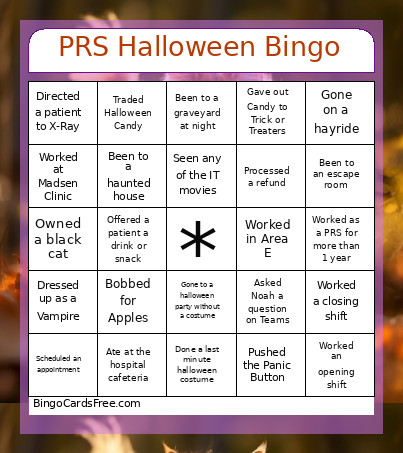 PRS Halloween Bingo Card