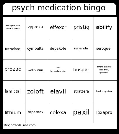 Psych Medication Bingo Card
