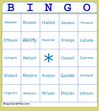 Psych Meds Bingo Card