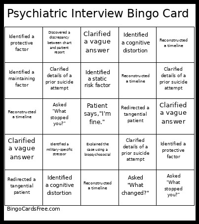 Psychiatric Interview Bingo Card