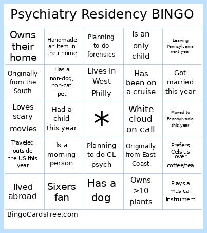 Psychiatry Residency BINGO