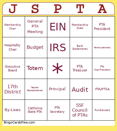 PTA Bingo Card