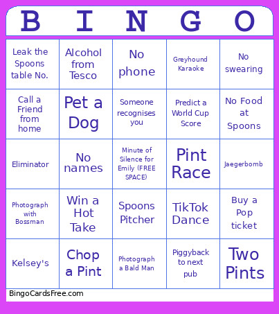 Pub Crawl Bingo Card