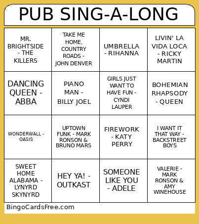 PUB SING-A-LONG Bingo Card