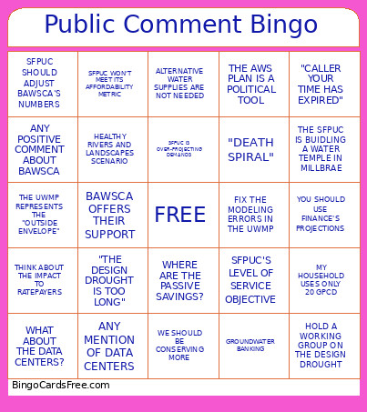 Public Comment Bingo Card