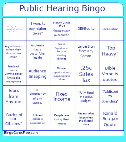 Public Hearing Bingo Card