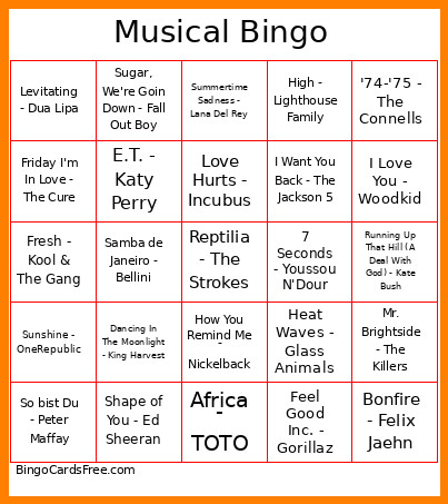 Pubquiz Musik Bingo Card