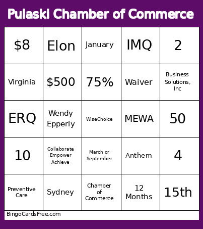 Pulaski Chamber Of Commerce Bingo Card