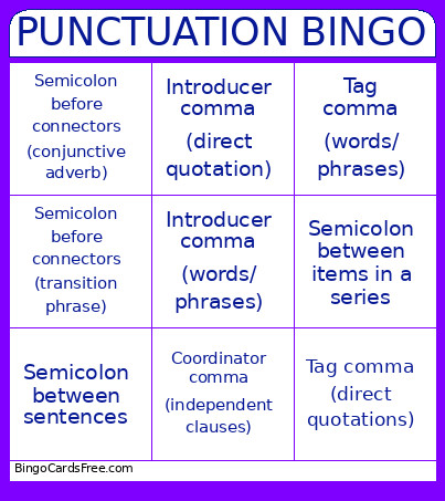 PUNCTUATION Bingo Card