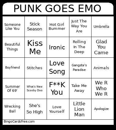 PUNK GOES EMO Bingo Card