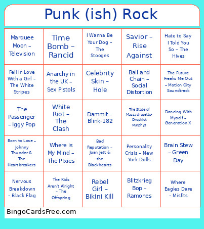 Punk (ish) Rock Bingo Card