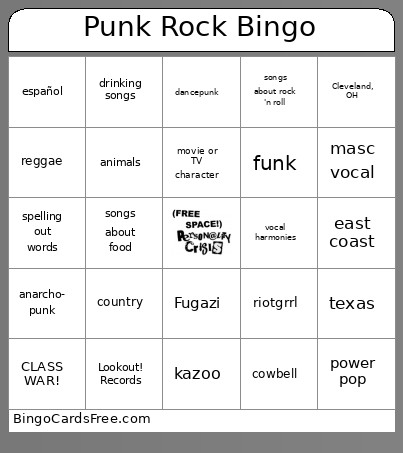 Punk Rock Bingo Card