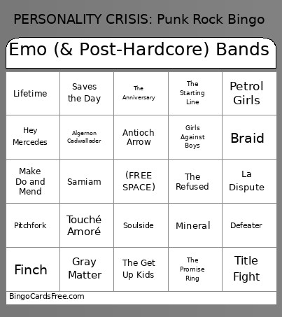 Punk Rock - Emo Bands Bingo Card