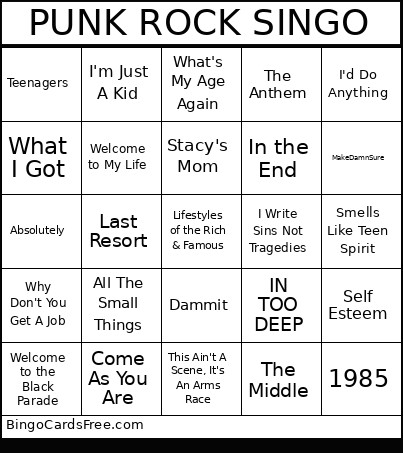 PUNK ROCK SINGO Bingo Card