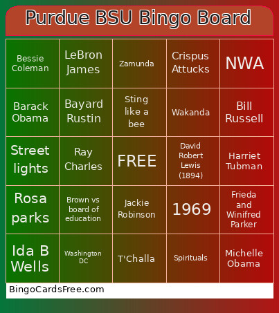 Purdue BSU Board Bingo Card
