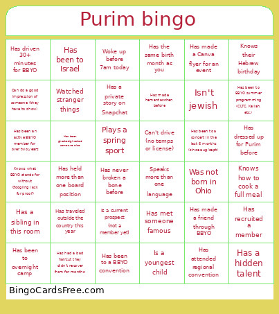 Purim Bingo Card
