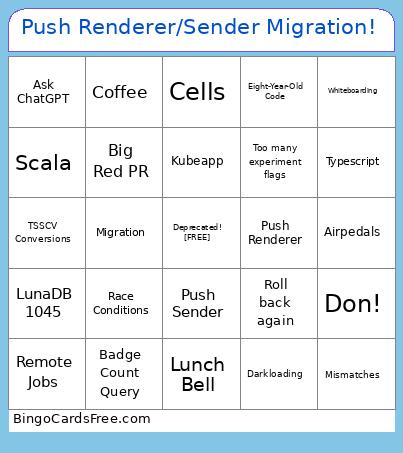 Push Sender / Renderer Retirement Party Bingo Card