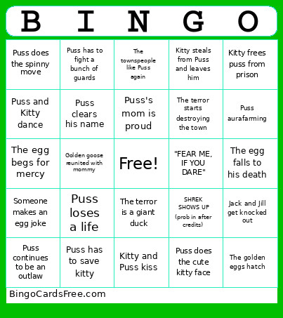 Puss In Boots Bingo Card