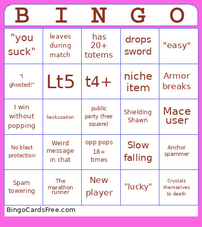 Pvp Club Crystal Bingo Card
