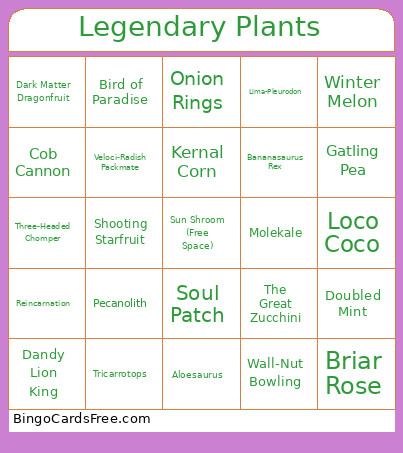 PvZ Heroes Legendary Plants Bingo Card