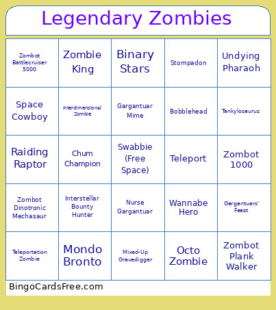 PvZ Heroes Legendary Zombies Bingo Card