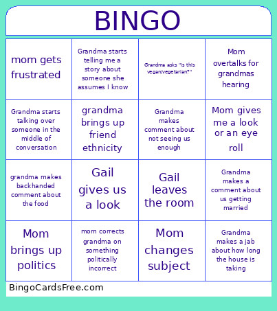Pybas Family Dinner Bingo Card