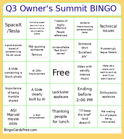 Q3 Owner's Summit Bingo Card