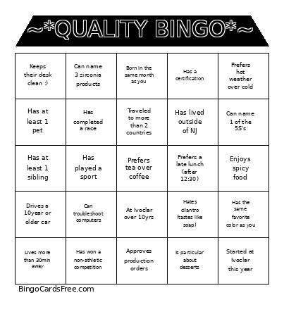~*QUALITY *~ Bingo Card