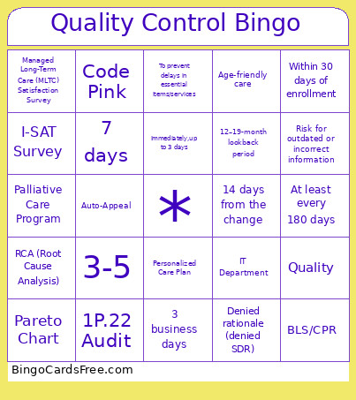 Quality Control Bingo Card