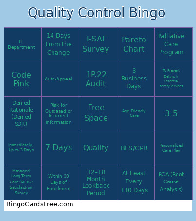 Quality Control Bingo Card