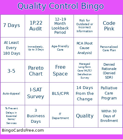 Quality Control Bingo Card