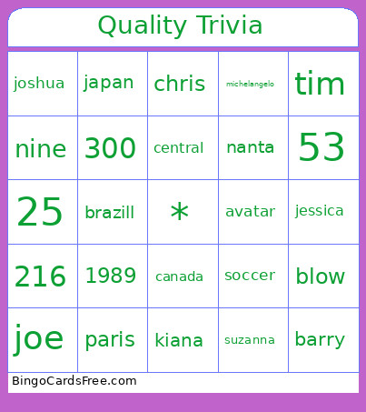 Quality Trivia Bingo Card