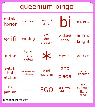 Queenium Bingo Card