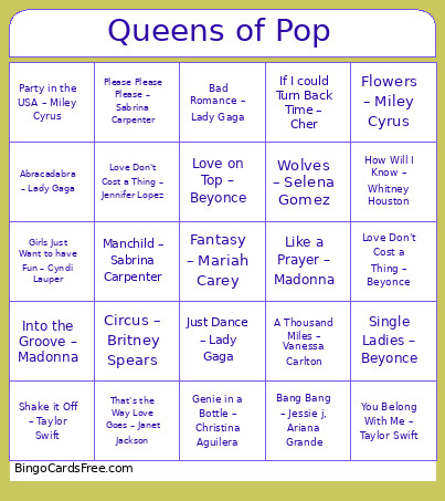 Queens Of Pop Bingo Card