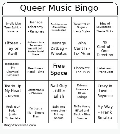 Queer Music Bingo Card
