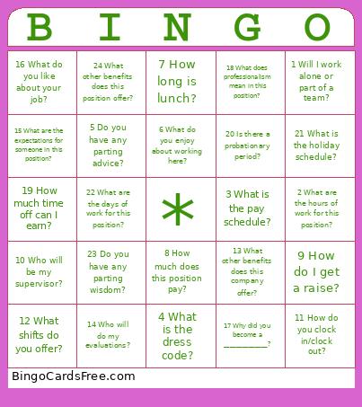 Questions For Hiring Managers Bingo Card