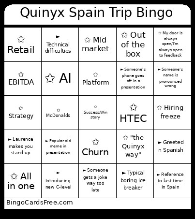 Quinyx Spain Trip Bingo Card