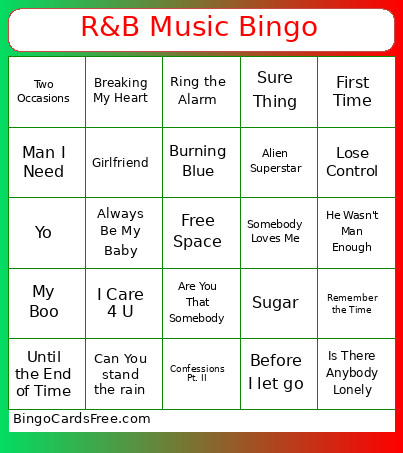 R&B Music Bingo Card