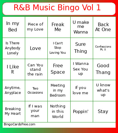 R&B Music Vol 1 Bingo Card