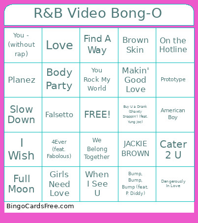 R&B Music Video Bong-O Bingo Card