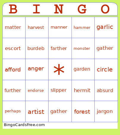 R-Controlled Syllables Bingo Card