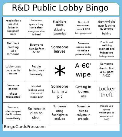 R&D Public Lobby Bingo Card