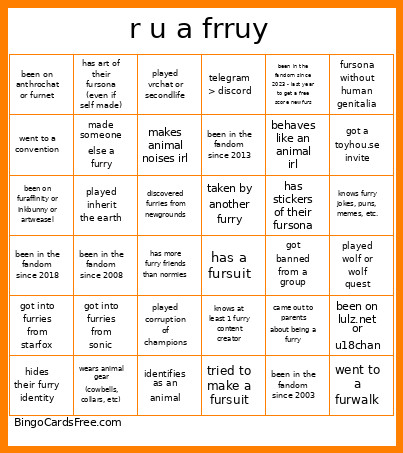R U A Frruy Bingo Card
