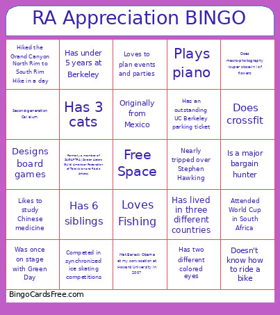RA Appreciation Bingo Card